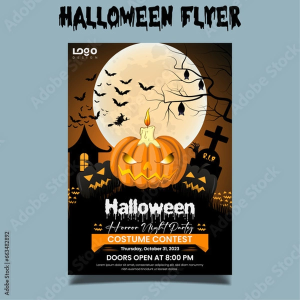 Obraz Happy Halloween banner template with halloween pumpkin and Halloween Elements on wood background. Website spooky,Background or banner Halloween template