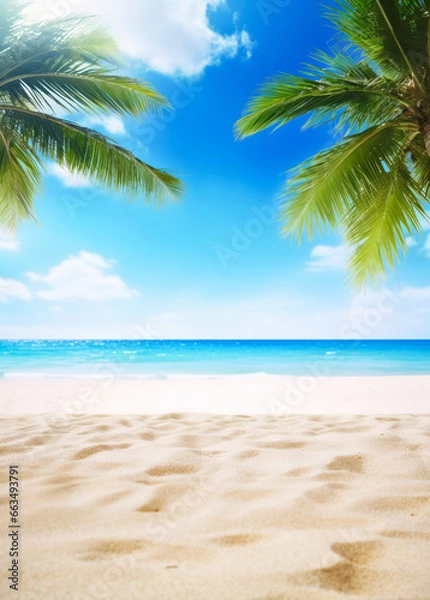 Fototapeta Tropical beach with fine sand, some palms near, calm sea with clear sky above. Empty copy space template for vacation or holiday product. Generative AI