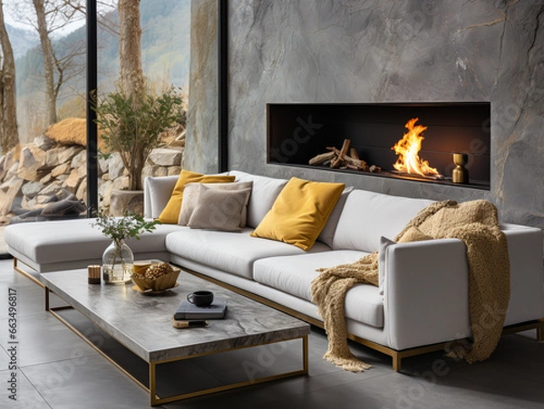 Fototapeta Modern minimalist living room featuring a white sofa adorned with vibrant yellow cushions, set against a concrete accent wall with a central fireplace.