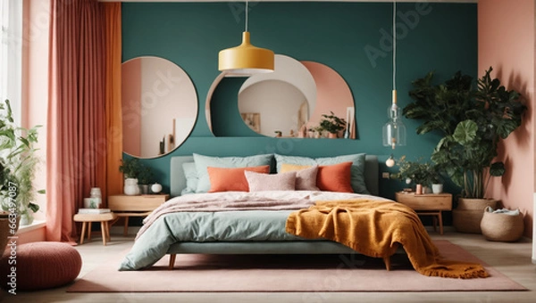 Fototapeta Colorful multicolored of Scandinavian style, Minimalist home interior design of modern bedroom. ai generative