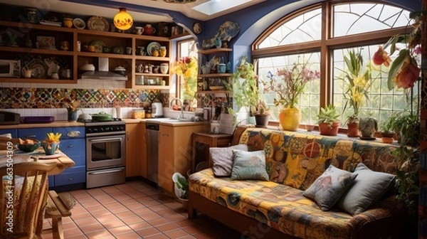 Fototapeta  a kitchen with a couch, table, and a stove.  generative ai