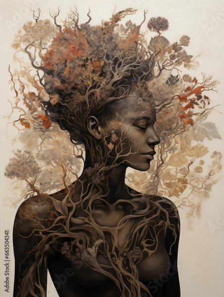 Fototapeta A woman body made of root and head made of floral