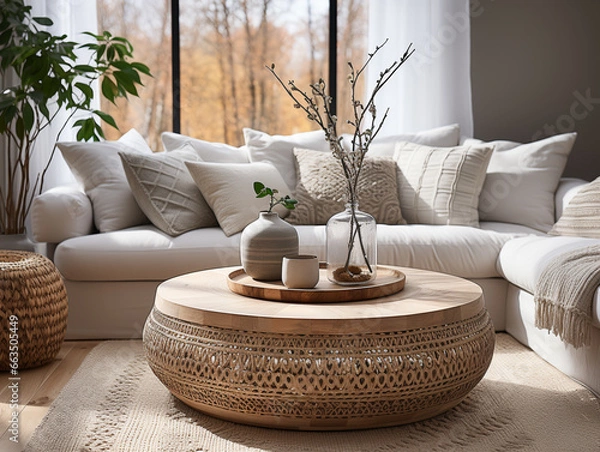 Fototapeta Modern living room with a boho, ethnic, and tribal vibe, showcasing a round wooden coffee table next to a white sofa adorned with gray throw pillows.