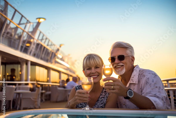 Fototapeta Cruising through Life's Joys: A Middle-Aged Couple Cherishing Moments, Toasting with Champagne on a Luxurious Cruise Ship