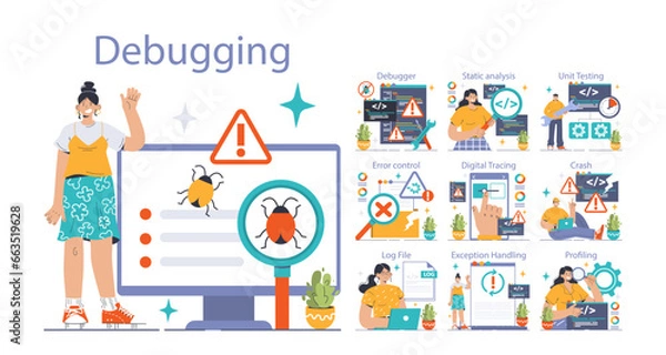 Fototapeta Software testing set. Code testing and debugging. IT specialist searching