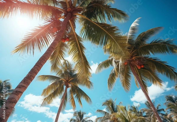 Fototapeta 
Blue sky and palm trees view from below, vintage style, tropical beach and summer background, travel concept realistic image