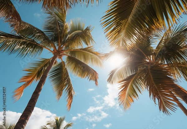 Fototapeta 
Blue sky and palm trees view from below, vintage style, tropical beach and summer background, travel concept realistic image