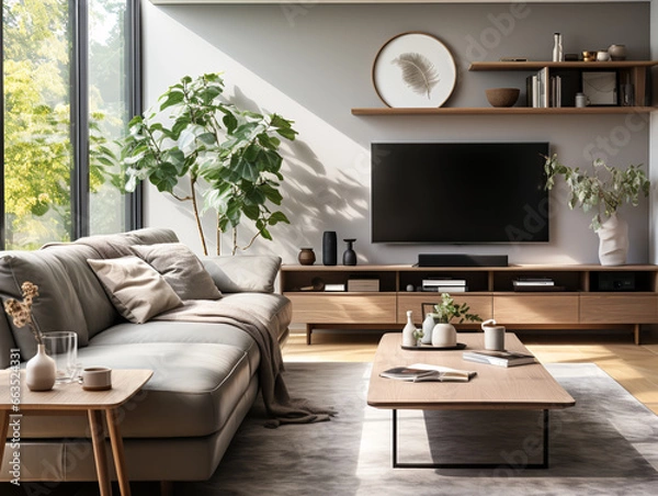 Obraz Modern Scandinavian living room with a gray sofa positioned against the TV unit, adorned with a stylish fan lamp on the ceiling.