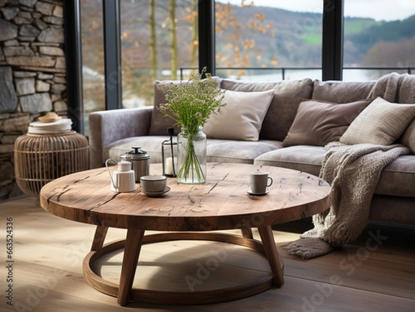 Fototapeta Enhance the cozy farmhouse ambiance with a rustic accent coffee table near the sofa in this Scandinavian modern living room