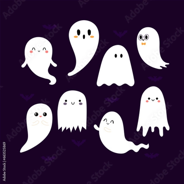 Fototapeta Collection of cute Halloween Ghosts. Cartoon spooky characters