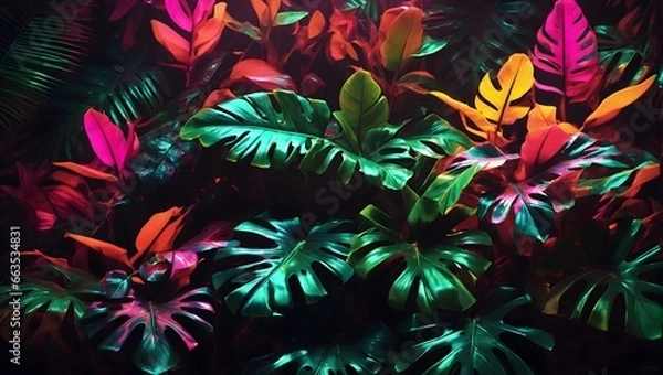 Obraz Neon Tropical Leaves Background Palm Leaves Background Leaf Background Tropical Wallpaper Forest Background AI Generative