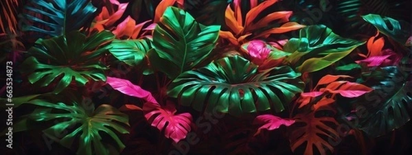 Obraz Neon Tropical Leaves Background Palm Leaves Background Leaf Background Tropical Wallpaper Forest Background AI Generative