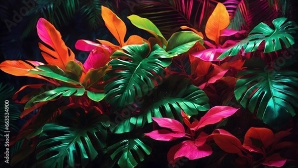 Obraz Neon Tropical Leaves Background Palm Leaves Background Leaf Background Tropical Wallpaper Forest Background AI Generative