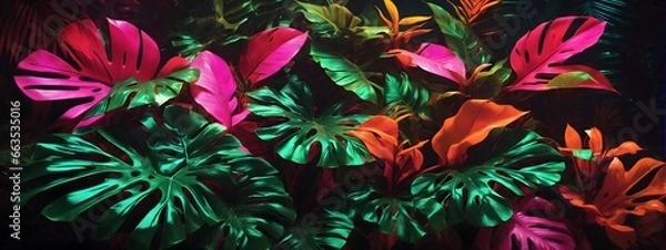 Obraz Neon Tropical Leaves Background Palm Leaves Background Leaf Background Tropical Wallpaper Forest Background AI Generative