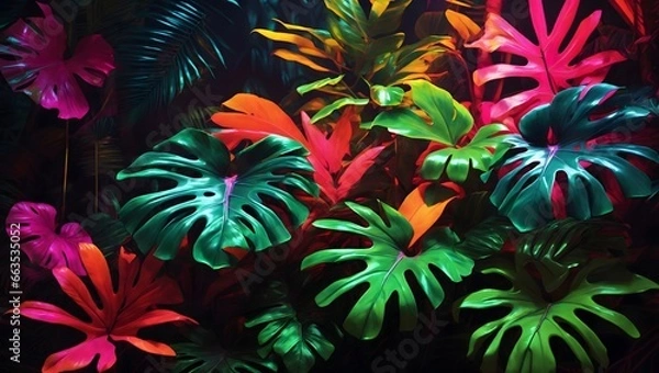 Obraz Neon Tropical Leaves Background Palm Leaves Background Leaf Background Tropical Wallpaper Forest Background AI Generative