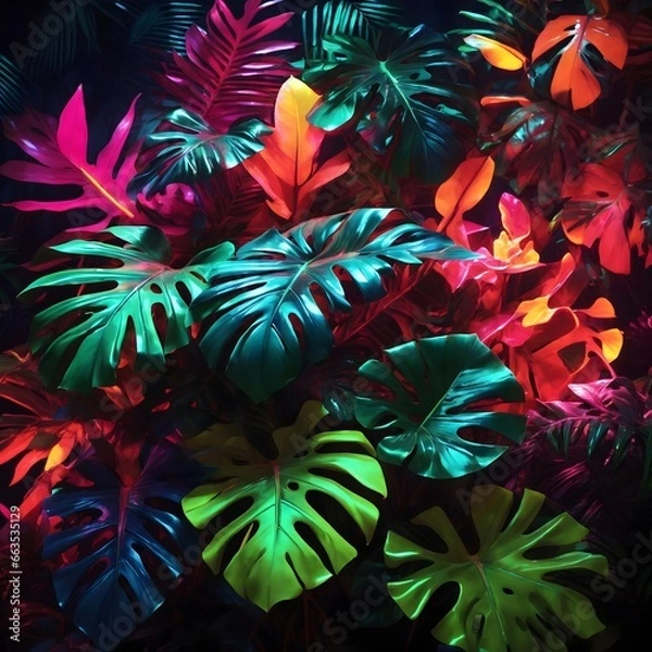 Obraz Neon Tropical Leaves Background Palm Leaves Background Leaf Background Tropical Wallpaper Forest Background AI Generative