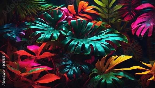 Obraz Neon Tropical Leaves Background Palm Leaves Background Leaf Background Tropical Wallpaper Forest Background AI Generative
