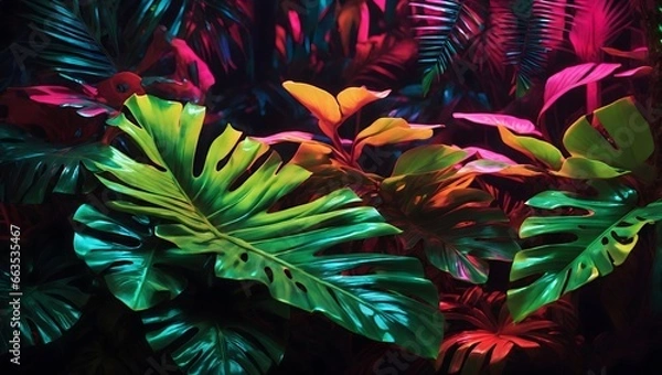Obraz Neon Tropical Leaves Background Palm Leaves Background Leaf Background Tropical Wallpaper Forest Background AI Generative