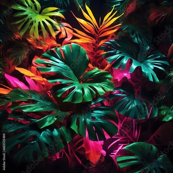 Obraz Neon Tropical Leaves Background Palm Leaves Background Leaf Background Tropical Wallpaper Forest Background AI Generative