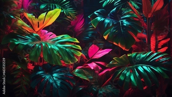 Obraz Neon Tropical Leaves Background Palm Leaves Background Leaf Background Tropical Wallpaper Forest Background AI Generative