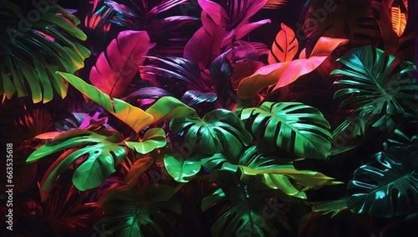 Obraz Neon Tropical Leaves Background Palm Leaves Background Leaf Background Tropical Wallpaper Forest Background AI Generative
