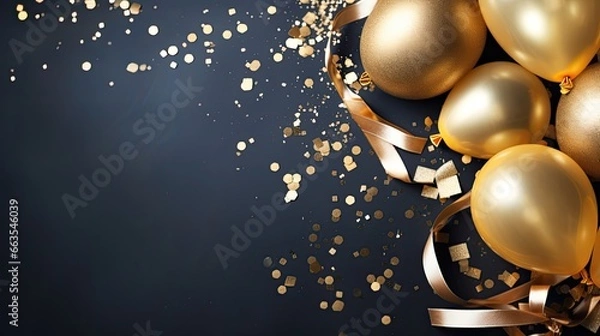 Fototapeta Party invitation card background with golden balloons, free copy space for text, ai generated