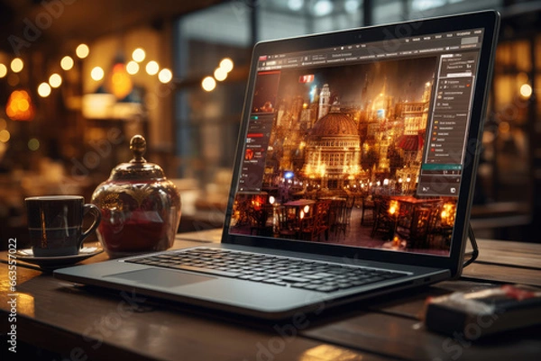 Fototapeta Shoppers browsing online stores and e-commerce websites, taking advantage of virtual Boxing Day sales. Concept of online shopping. Generative Ai.