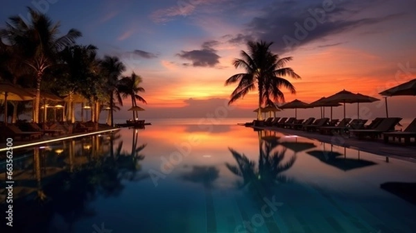 Fototapeta A beautiful view from the hotel swimming pool of the sunset in an exotic country. Ai generative