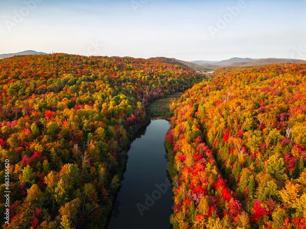 Fototapeta Aerial view of winding river in Laurentian mountains, Quebec, Canada during the fall foliage