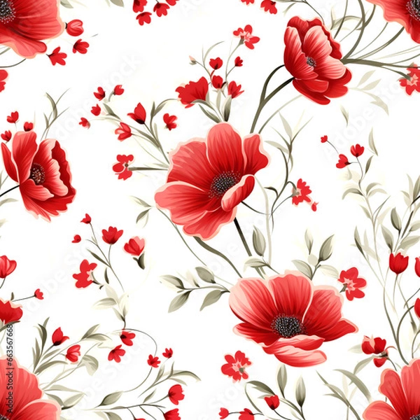 Fototapeta Seamless pattern red flowers and leaves swirling on a white background ,water color,