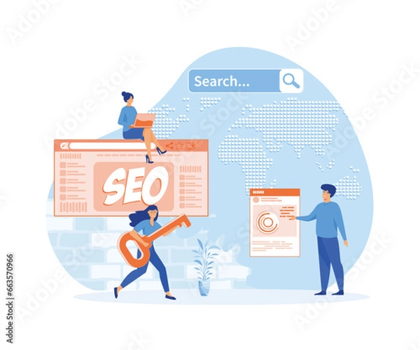 Fototapeta businessman and businesswoman faceless characters in action around abbreviature SEO over digital world map. flat vector modern illustration