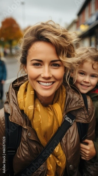 Fototapeta Joyful mother and her son strolling on the street, autumnal time.