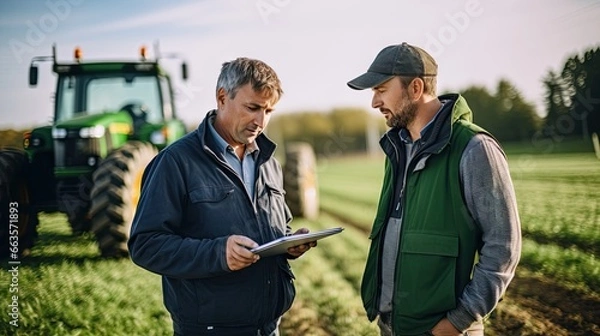 Fototapeta Agricultural engineer utilizing tablet technology while working in a field