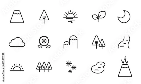 Obraz 自然のアイコンセット/山/木/森/海/川/アウトドア/イラスト/ベクター