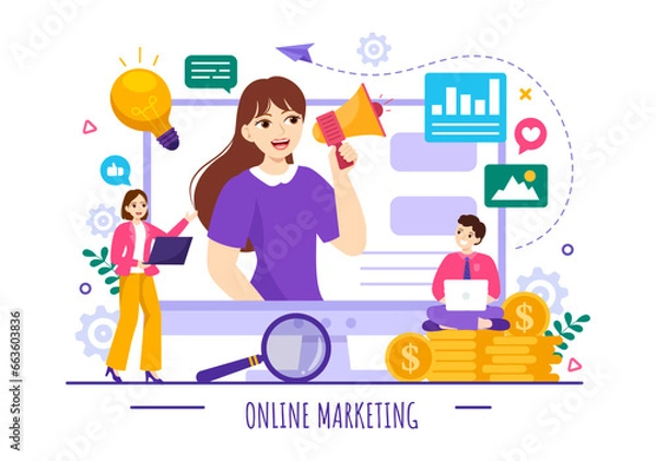 Fototapeta Digital Online Marketing Vector Illustration with Business Analysis, Content Strategy, Ad Targeting and Management in Flat Cartoon Background