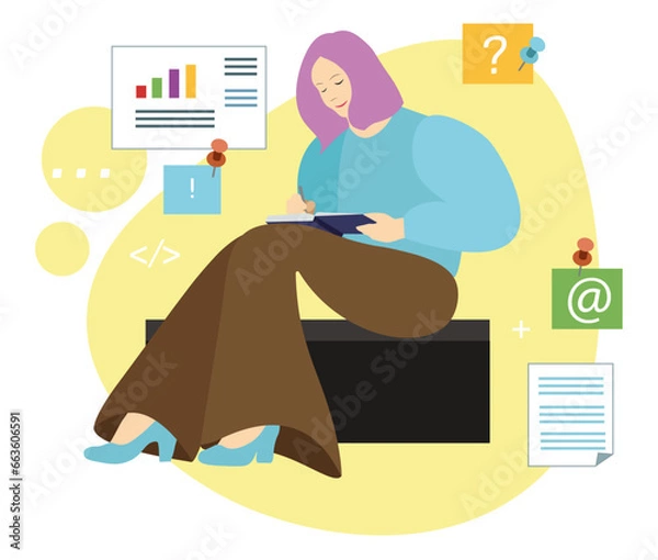 Fototapeta Girl sitting with a pen and notebook, brainstorm, design for business, vector illustration
