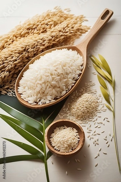 Fototapeta Celebrates the essence of rice, featuring a sack of rice seeds, white rice grains on a small wooden spoon, and a vibrant rice plant in the background. This composition symbolizes, salt