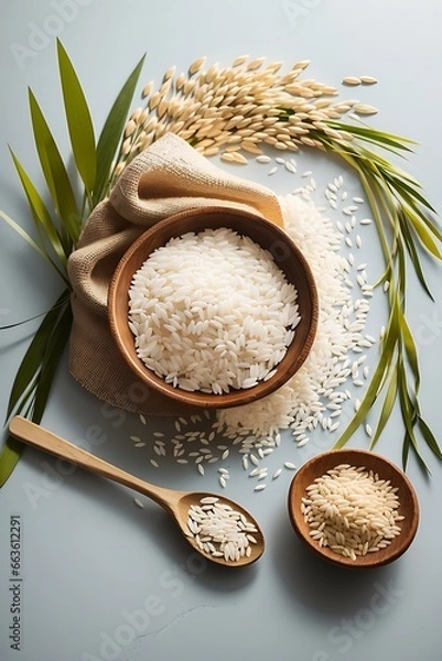 Fototapeta Celebrates the essence of rice, featuring a sack of rice seeds, white rice grains on a small wooden spoon, and a vibrant rice plant in the background. This composition symbolizes, bowl