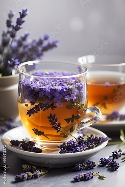 Obraz Fresh delicious tea with lavender and lavender flowers on gray stone table, mint