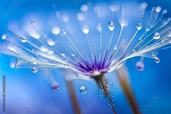 Fototapeta Beautiful dew drops on a dandelion seed macro