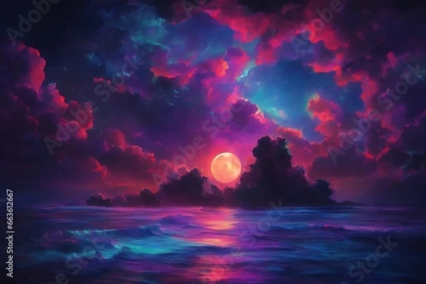 Fototapeta neon light art, in the dark of night, moonlit seas, clouds, moon, stars, colorful, detailed, red