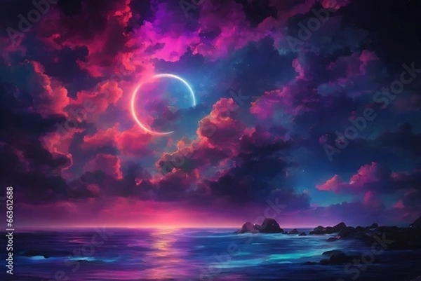 Fototapeta neon light art, in the dark of night, moonlit seas, clouds, moon, stars, colorful, detailed, night