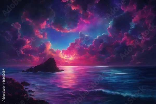 Fototapeta neon light art, in the dark of night, moonlit seas, clouds, moon, stars, colorful, detailed, sky