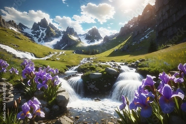 Fototapeta Octane rendering Breathtaking irises in a tiny stream with cascading waterfalls, in a rocky steep bed, around meadow and a few birch tree, high mountains in the background, spring afternoon, valley