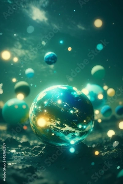 Fototapeta retro style theme, Explode planets by Me, bokeh, photo, 8k, dark, dynamic action, pale washed out style, shot on cyanotype, cracked lens, dreamy nostalgic, soft focus, planet