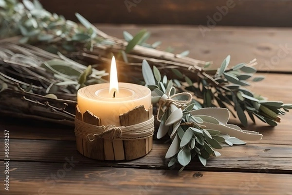 Fototapeta Transport yourself to a serene and mystical scene with this AI-generated image of palo santo wood and raw sage delicately placed on a weathered wooden table, towel