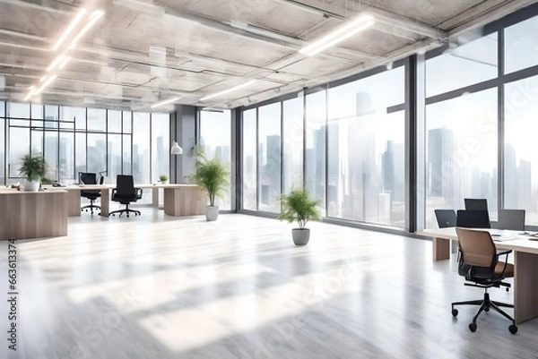 Fototapeta Beautiful blurred background of a light modern office interior with panoramic windows