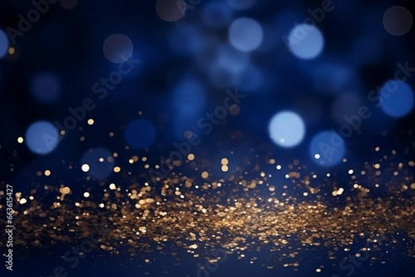 Fototapeta Background of abstract defocused gold glitter lights and confetti on blue background with bokeh. Generative AI