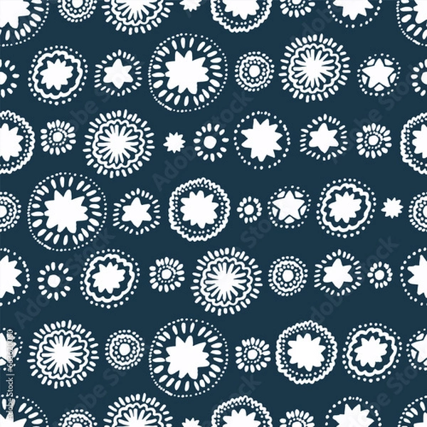 Fototapeta White snowflakes on blue background 2024 seamless christmas vector pattern hand draw. Snow festive seamless pattern for textile prints, cards, design