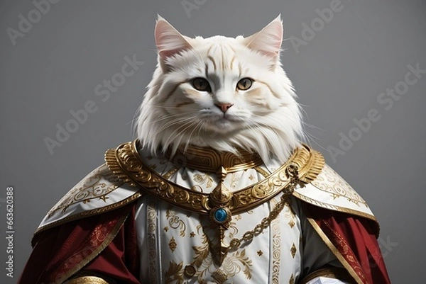 Fototapeta Create a withe cat as mediaval king , blank background, white